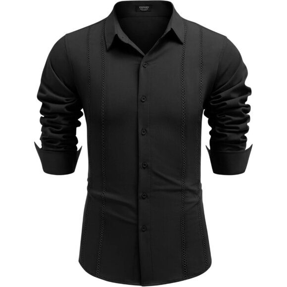 ❤️Mens Black Cuban Shirt Casual Button Down  Long Sleeve Beach Linen Shirts - Picture 5 of 7